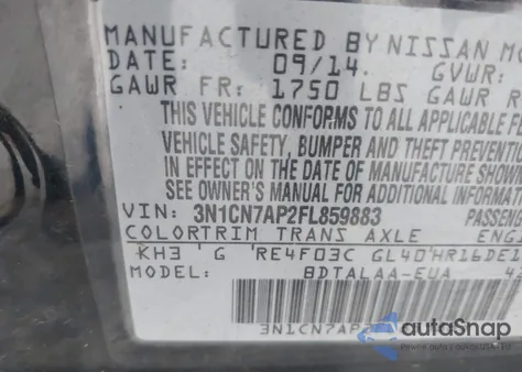 2015 Nissan Versa 1.6 S z USA, uszkodzony, nr VIN 3N1CN7AP2FL859883